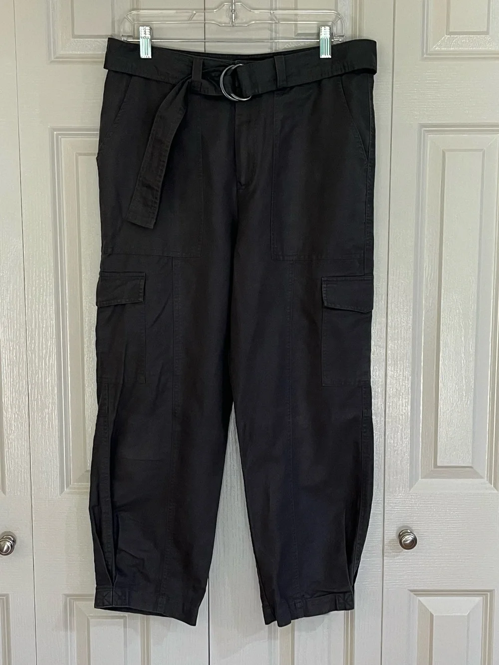 Quince Organic Cotton Linen Twill Cargo Pant  Women's Large Charcoal Gray Belted